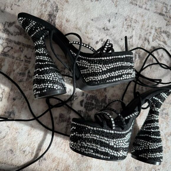 Black and silver rhinestone platform heels with ankle lace-up detail by Ego - Picture 1 of 8
